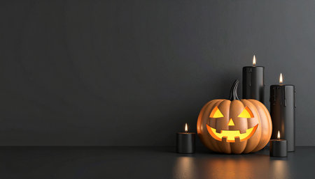 Halloween pumpkin with candles on black background. 3D illustration.の素材