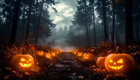 Scary halloween pumpkins in foggy forest. 3D renderingの素材