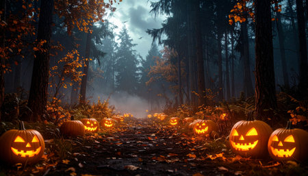 Halloween pumpkins in foggy forest. Halloween holiday concept.の素材