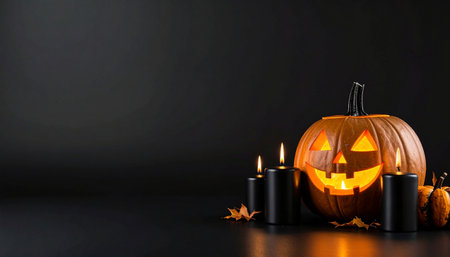 Halloween pumpkins and candles on black background, space for textの素材