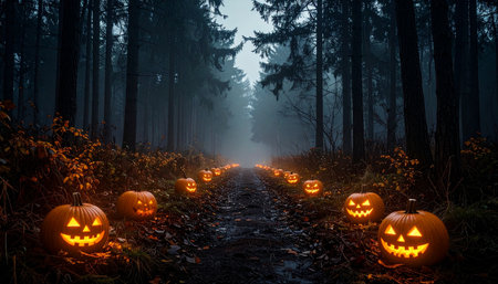 Halloween pumpkins in foggy forest. 3D rendering.の素材