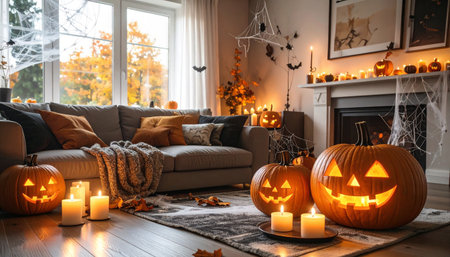 Halloween pumpkins in living room interior with candles. Space for textの素材