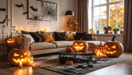 Beautiful halloween interior with comfortable sofa and glowing pumpkinsの素材
