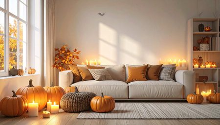 3d render of modern living room with sofa and pumpkins.の素材