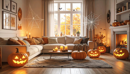 Halloween living room interior with pumpkins - 3D Renderingの素材