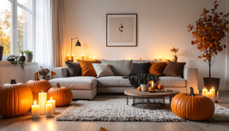 Cozy living room interior with burning candles, pumpkins and sofaの素材