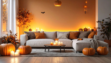 Cozy living room interior with pumpkins and candles. 3D renderingの素材