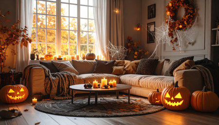 Beautiful halloween interior with cozy sofa, candles and decorationsの素材