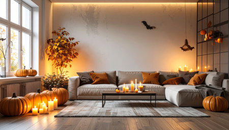 Modern bright interiors 3D rendering illustration. Living room with pumpkinsの素材