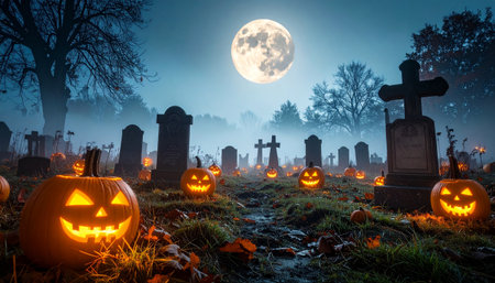 Scary halloween pumpkins at cemetery with full moon backgroundの素材