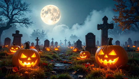 Halloween pumpkins on cemetery with full moon background, 3d renderの素材