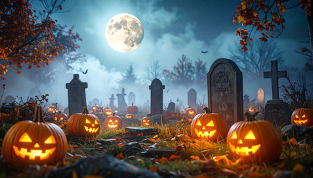 Halloween pumpkin head jack o lanterns in cemetery with full moon backgroundの素材