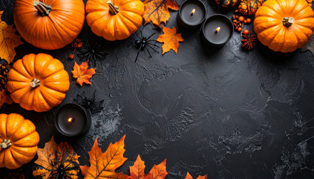 Halloween background with pumpkins, spiders and autumn leaves on black table top view.の素材