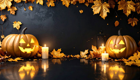 Halloween pumpkins on dark background with autumn leaves and candles.の素材