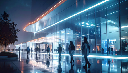 Silhouettes of business people walking in front of modern office building at nightの素材