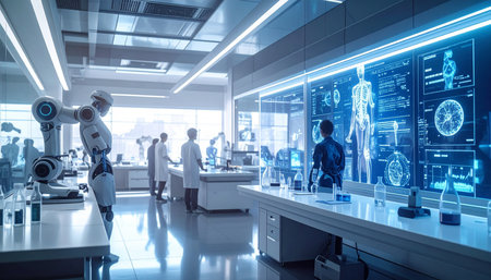 Science laboratory research and development concept with 3d rendering cyborgs working in labの素材