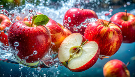 Fresh red apples falling into water with splash and drops of water.の素材