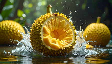 Fresh Jackfruit Falling into Water with Splash â Close-Up Shotの素材