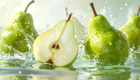 Fresh pears falling into water with splash, isolated on white backgroundの素材