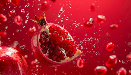 Pomegranate fruit splashing into water on a red backgroundの素材