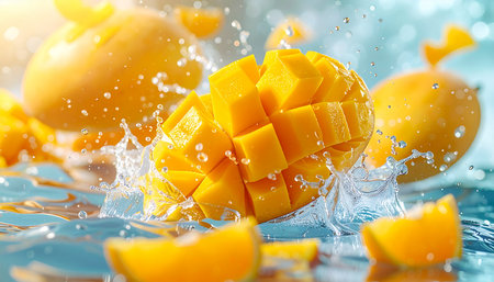 Mango fruit splashing into water with splash on blue background.の素材