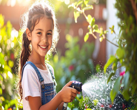 Cute little girl watering plants in the garden on a sunny dayの素材