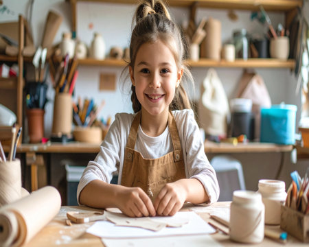 portrait of smiling little girl drawing with pencils at table in workshopの素材