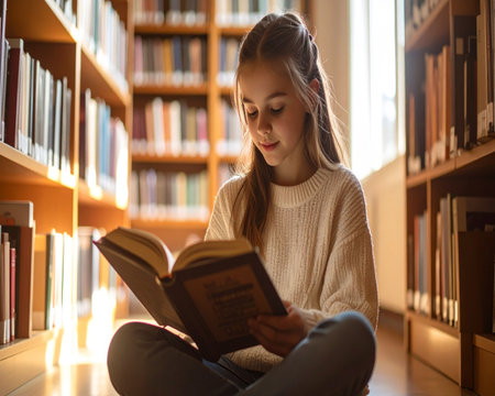 Girl reading a book in the library. Education and knowledge concept.の素材