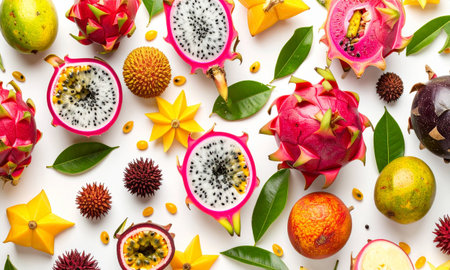 Exotic fruits on white background. Dragon fruit, pitahaya, mangosteen, passion fruit, pitahaya, pitahaya, pitahaya, pitahaya, pitaya.の素材