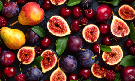 Ripe figs, plums and cherries on a black backgroundの素材