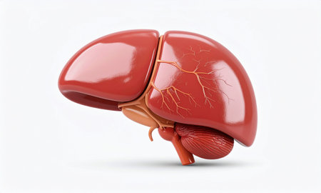Human liver anatomy isolated on white background. 3d render illustration.の素材
