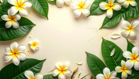 White frangipani flowers and green leaves on beige backgroundの素材