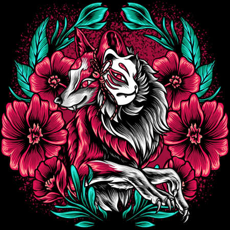 The Fox Kitsune With Flowersのイラスト素材
