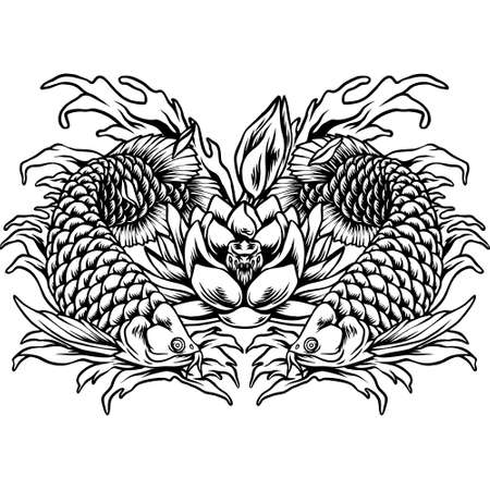 Arowana Fish and Lotus Flowers Silhouetteのイラスト素材