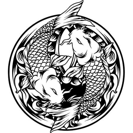 Yin Yang Koi Fish Japan With Ornament Silhouetteのイラスト素材