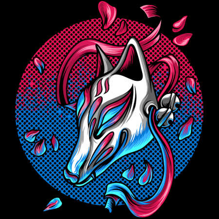 Kitsune Japan And Sakura Flowersのイラスト素材