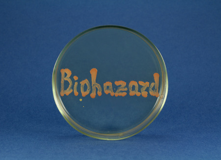 Biohazard inscription is maded up by living bacteria on petri dish. Letters are orange bacterial colonies growing on agar surface. Oil-degrading culture used.の写真素材