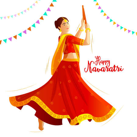 Girls in traditional dresses playing dandiya in a garba disco nights on the occasion of Navaratri ( Dussehra ), an Indian Festival. Decorated background, colourfull dresses and background, diyas n allのイラスト素材