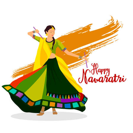 Illustration of girls are playing dandiya on the occasion of Navaratri Garba Disco Nights. Wearing colourful traditional dresses. Decorated background on blue colour. Happy Navaratri. Happy Dussehra.の写真素材