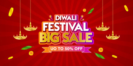 Happy Diwali. Decorative Diwali Big Sale banner vector featuring golden diyas, coins, and marigold flowers on red festive background. Suitable for shopping offers and online sale.のイラスト素材