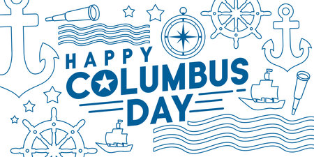 Minimal outline-style Columbus Day design with ship, compass, telescope, waves, anchors, and wheel icons. Perfect for posters, invitations, and web banners.のイラスト素材