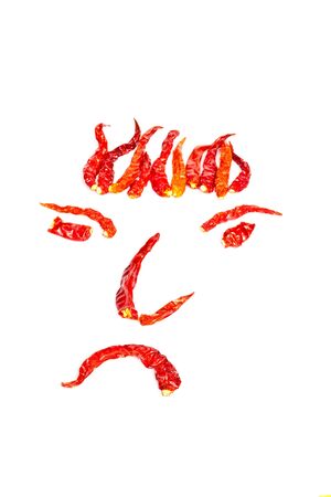 Dried red hot chillies in a Face shape, isolated on white background