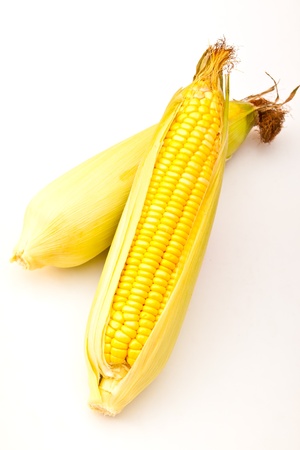 fresh corn with leaves isolated on white background の写真素材