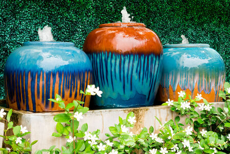 Colorful fountains jar in garden