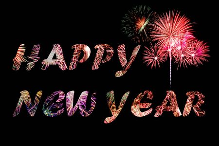 happy new year celebration concept with fireworks text and beautiful fireworks in the night. 