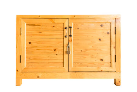 plank wood box with cover and key isolated on white background with clipping pathの写真素材