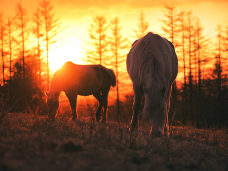 horse and sunrise in hokkaidoの写真素材