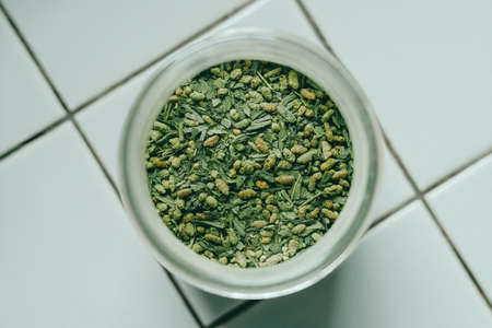 brown rice tea on tableの写真素材