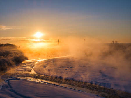 cold fog in winter hokkaidoの写真素材