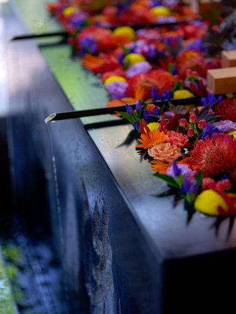 japanese shrine decorated with flowers